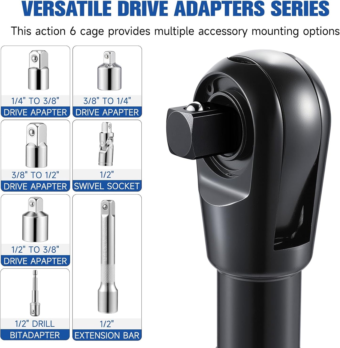1/2" Offset Wrench Extender Tool with 5 Adapters – High Torque Ratchet & Impact Wrench Extension for Tight Spaces, Automotive Repair & Garage Projects