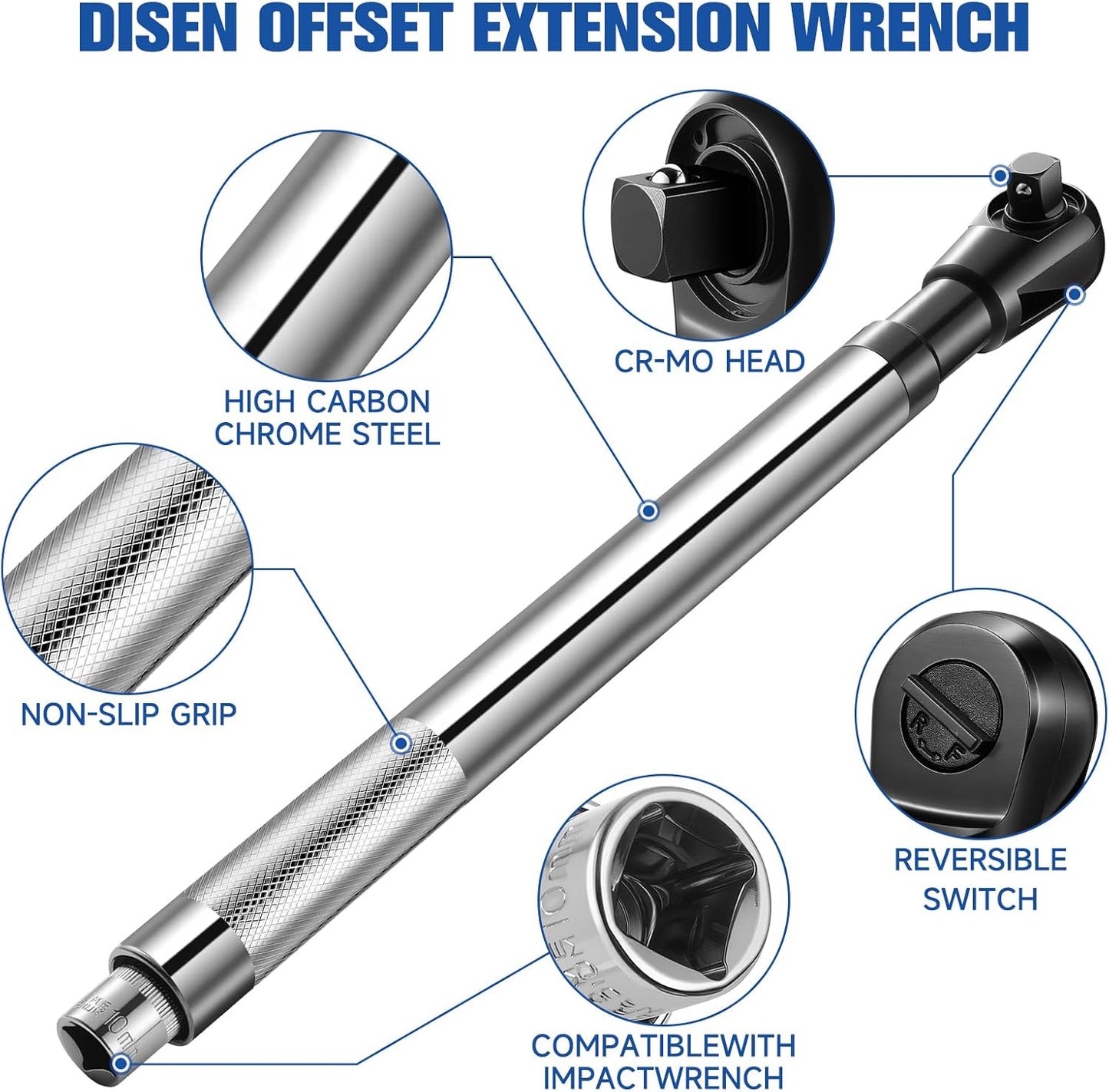 1/2" Offset Wrench Extender Tool with 5 Adapters – High Torque Ratchet & Impact Wrench Extension for Tight Spaces, Automotive Repair & Garage Projects