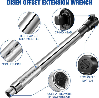 1/2" Offset Wrench Extender Tool with 5 Adapters – High Torque Ratchet & Impact Wrench Extension for Tight Spaces, Automotive Repair & Garage Projects