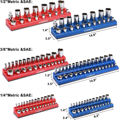 Magnetic Socket Organizer, 6 Piece Socket Holder Kit, 1/2-inch, 3/8-inch, 1/4-inch Drive, Holds 143 SAE&Metric Sockets, Red & Blue, Professional Quality Tools Organizer