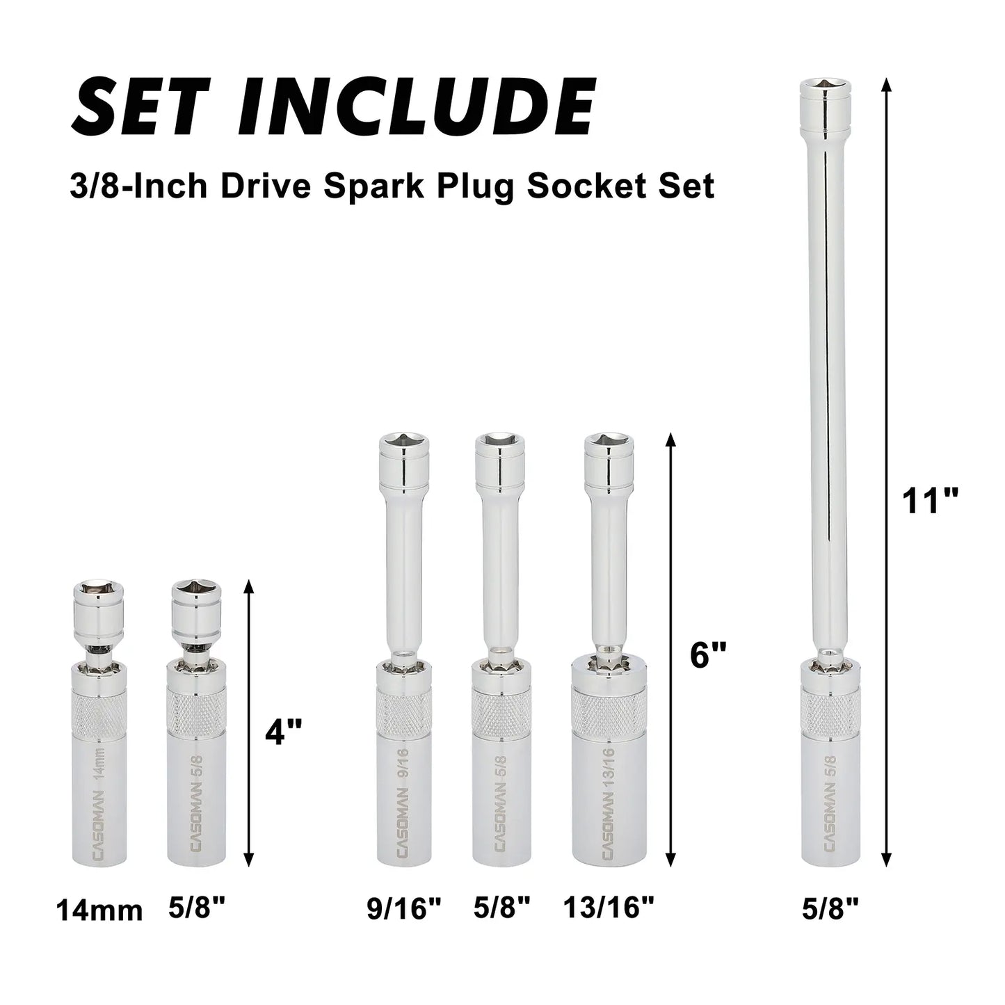 6-Piece 3/8" Drive Magnetic Swivel Spark Plug Socket Set – Thin Wall, CR-V Steel, 12-Point