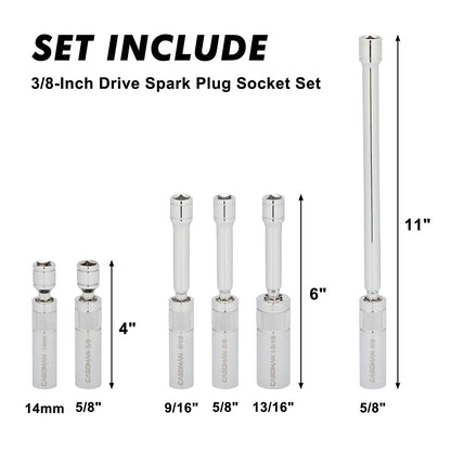 6-Piece 3/8" Drive Magnetic Swivel Spark Plug Socket Set – Thin Wall, CR-V Steel, 12-Point