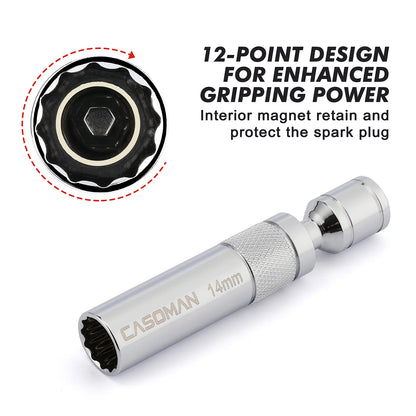 6-Piece 3/8" Drive Magnetic Swivel Spark Plug Socket Set – Thin Wall, CR-V Steel, 12-Point